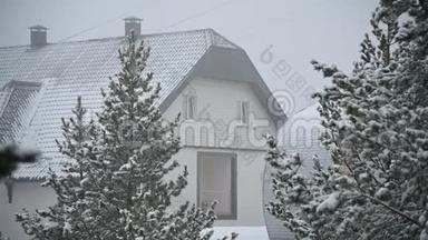 宾馆在冬天降雪的针叶林中。 轻柔的白雪皑皑的圣诞早晨，缓慢的下着雪